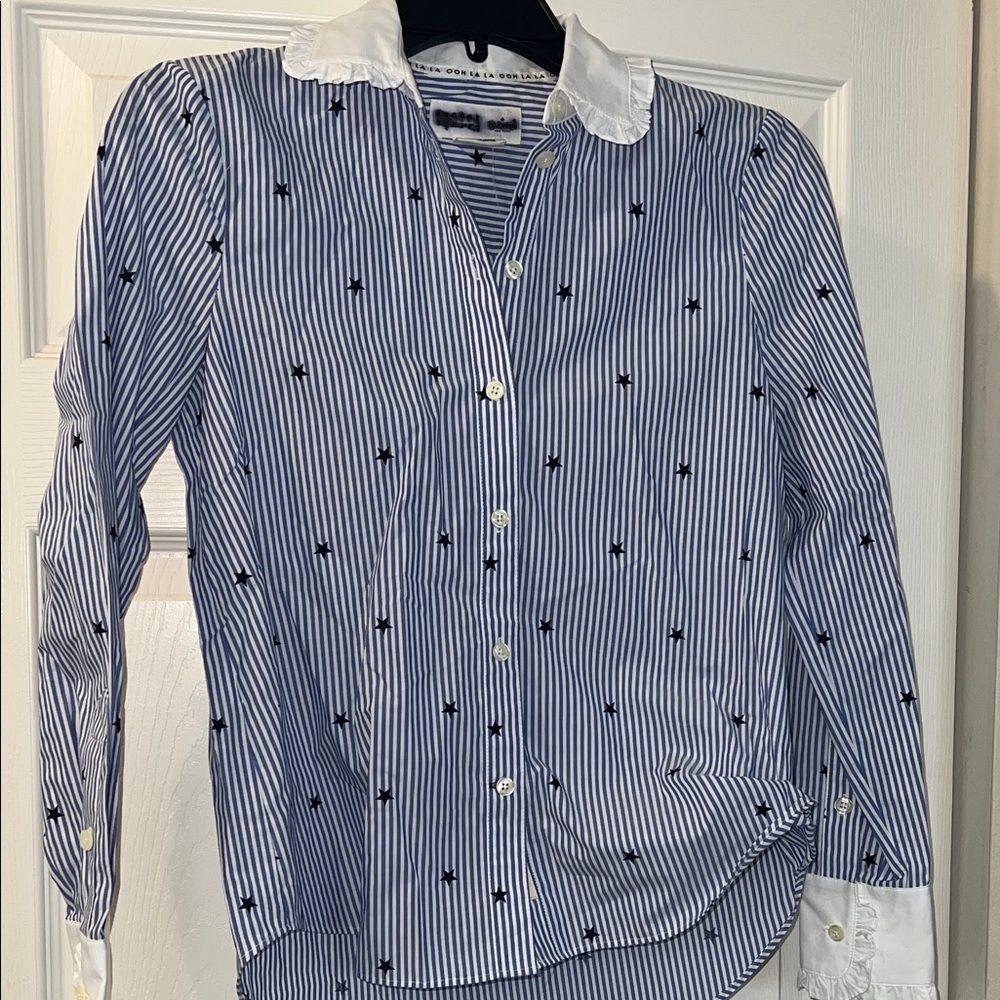 Kate Spade Stars & Stripes Poplin Shirt with Ruffle Collar & Cuffs NWOT - Picture 6 of 10